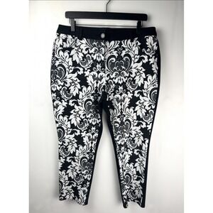 Chico's Womens Black & White Floral Print Slim Leg Pants Pull On Comfort Sz M/10